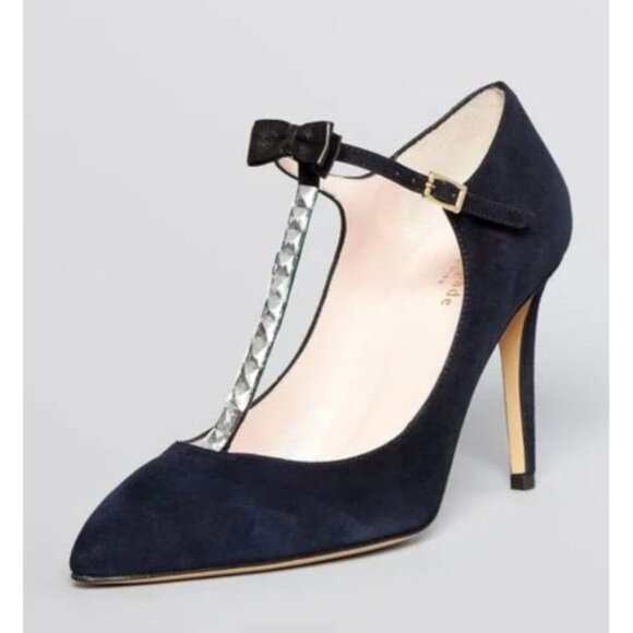 Kate Spade Navy Suede T-Strap Pumps Bow Crystal Accent Pointed Toe Heels 7BItaly - Picture 2 of 15